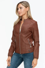 Womens Brown Faux Leather Biker Jacket with Zip Pockets Woman Outerwear