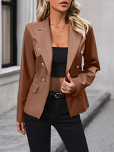 Womens Brown Faux Leather Double Breasted Blazer Long Sleeve Brown