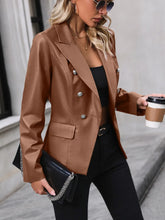 Womens Brown Faux Leather Double Breasted Blazer Long Sleeve