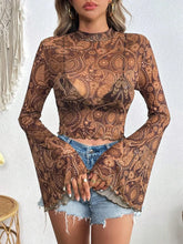 Womens Brown Paisley Mesh Top 100 Percent Polyester Camel