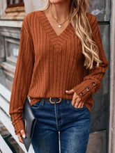 Women's Brown Ribbed V-Neck Long Sleeve Sweater Caramel