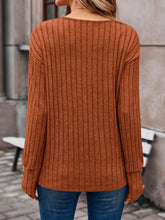 Women's Brown Ribbed V-Neck Long Sleeve Sweater