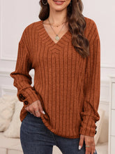 Women's Brown Ribbed V-Neck Long Sleeve Sweater