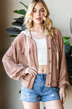 Womens Brown Striped Hooded Jacket Corduroy Button Up Outerwear