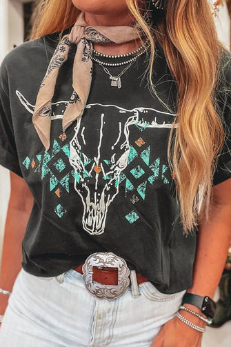 Women's Bull Skull Graphic T-Shirt in Black Cotton Blend Dark Gray