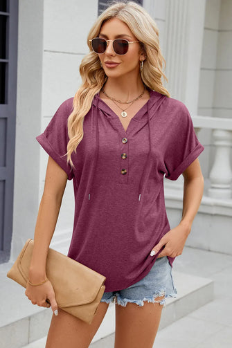 Women's Burgundy Hooded Short Sleeve Button-Up Shirt Deep Purple
