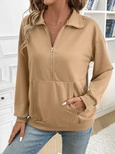 Women’s Camel Half Zip Kangaroo Pocket Long Sleeve Sweatshirt