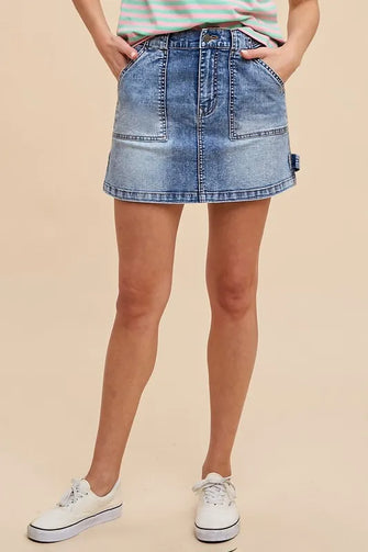 Womens Cargo Denim Mini Skirt with Patriotic Sweater Outfit Medium