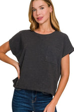 Women's Charcoal Gray Round Neck Short Sleeve Pocket Tee BLACK