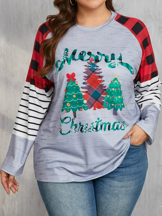 Women's Christmas Plaid Raglan Sleeve Shirt Gray