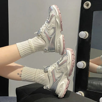 Women's Chunky White and Neutral Athletic Sneakers Pink