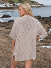 Beige lace cover-up with eyelet collared neck, moderate stretch, and scalloped hem