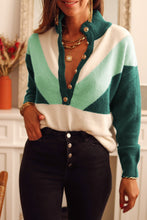 Womens Color Block Button Up Sweater Long Sleeve Length Pullover Green