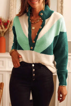Womens Color Block Button Up Sweater Long Sleeve Length Pullover Green Sweater Pullovers