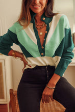 Womens Color Block Button Up Sweater Long Sleeve Length Pullover