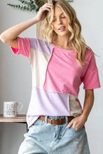 Womens color block exposed seam t-shirt in pink lavender beige