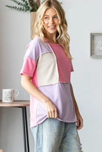 Women’s color block exposed seam t-shirt in pink, lavender, beige, size options