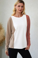 Womens color block long sleeve top with ribbed texture