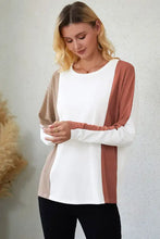 Womens color block long sleeve top with ribbed texture