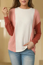 Women’s color block ribbed long sleeve top in white, pink, rust