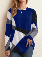 Womens color block round neck long sleeve tunic sweater in blue, white, black