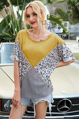 Womens Color Block Round Neck Top with Multiple Sleeve Length Options Chartreuse