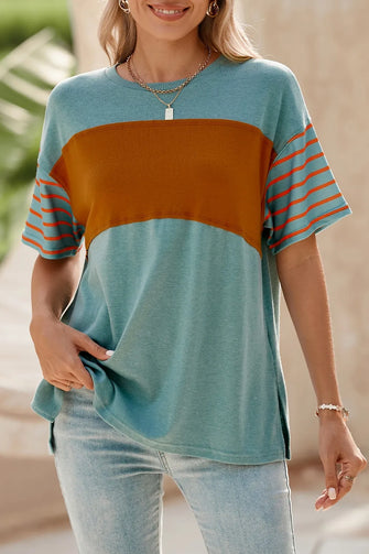 Womens Color Block Short Sleeve Casual T Shirt Turquoise