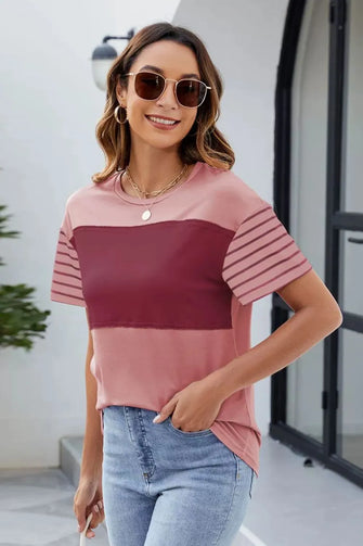 Womens Color Block Short Sleeve T Shirt Pink Red