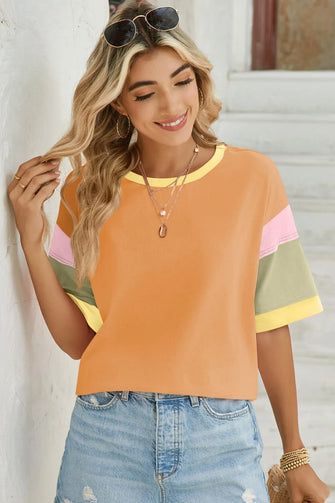 Womens Color Block Short Sleeve T Shirt Rayon Blend Mustard