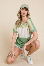 Green and white color block short sleeve t-shirt with ringer sleeves
