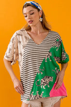Women's Color Block Tiger Print V-Neck Top LT.TAUPE GREEN
