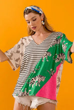 Women's Color Block Tiger Print V-Neck Top Woman T Shirts