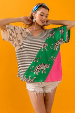 Women's Color Block Tiger Print V-Neck Top Woman T Shirts