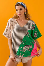 Women's Color Block Tiger Print V-Neck Top Woman T Shirts