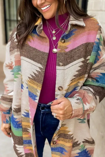 Geometric Button Up Long Sleeve Jacket Beige Woman Outerwear