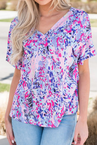 Women's Colorful Floral Print V-Neck Blouse Lavender