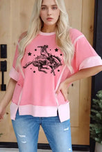Womens coral pink rodeo graphic casual loose fit top