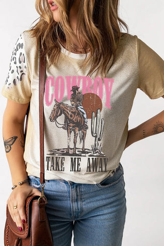 Women's Cowboy Graphic T Shirt Polyester Blend Short Sleeve Tan