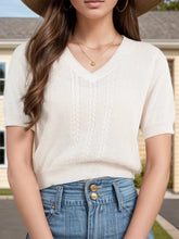 Womens Cream Cable Knit V Neck Short Sleeve Sweater Top