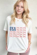 Womens Cream T Shirt with USA Flag Bow Knot Print White