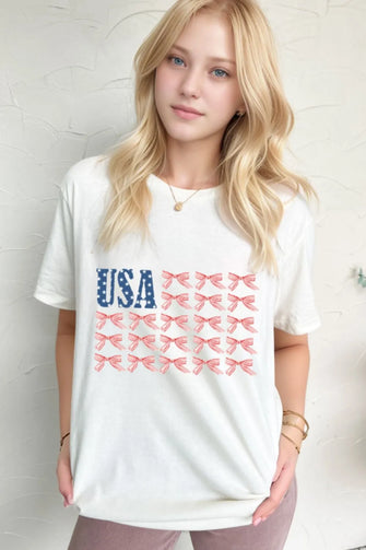 Womens Cream T Shirt with USA Flag Bow Knot Print White