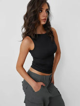 Black ribbed crop top with high neckline in womens cargo pants set