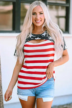 Women’s cutout striped round neck short sleeve American flag top with denim shorts