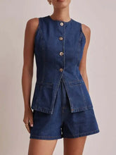 Womens dark blue denim set with sleeveless peplum top and high waisted shorts