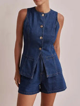 Women’s dark wash denim set with sleeveless peplum top and high-waisted shorts