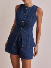 Womens dark blue shorts denim set with sleeveless peplum top and high-waisted shorts