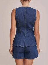 Womens dark blue shorts denim set with jumpsuit style high-low hem
