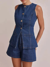 Womens dark blue denim set with sleeveless peplum top and high waisted shorts