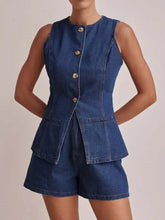 Women’s Sleeveless Dark Blue Denim Set with Peplum Top and High-Waisted Shorts