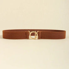 Brown women’s elastic belt with gold-tone circular clasp buckle